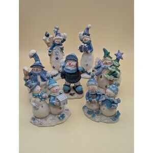 Vintage Resin Snowman Figurines Lot of 7 Blue White Christmas Decor DAMAGED *